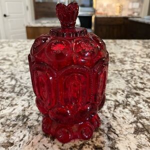 Vintage Smith Glass Moon and Star Red Covered Footed Sugar Bowl Rare